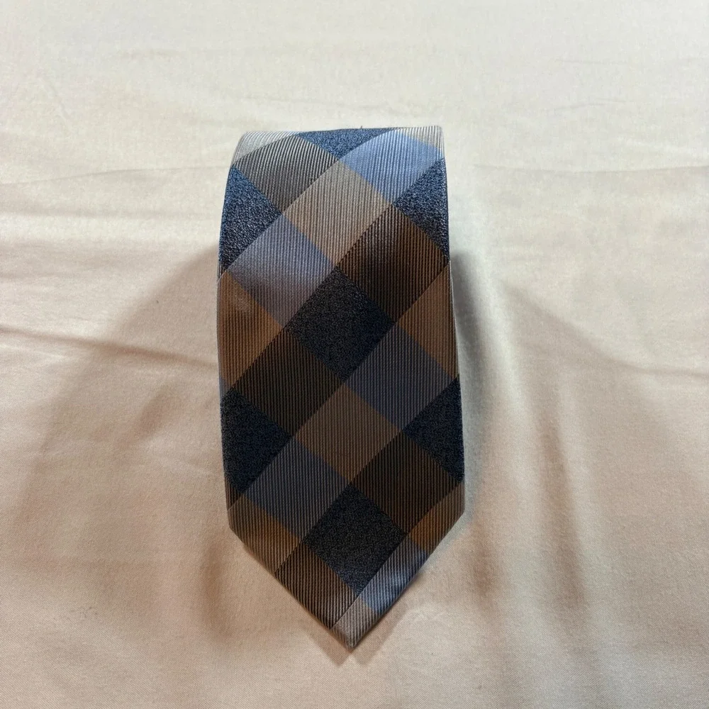 Bespoke New York Necktie Mens OS Blue Brown Buffalo Plaid Textured Polyester Tie